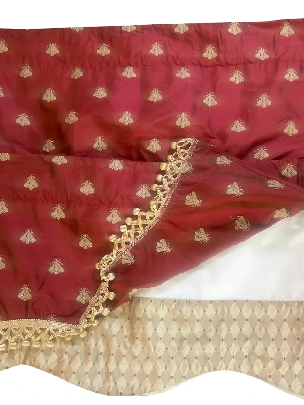 Pair Pure Silk Empire Valances Embroidered Gold Bees Scalloped Fringe